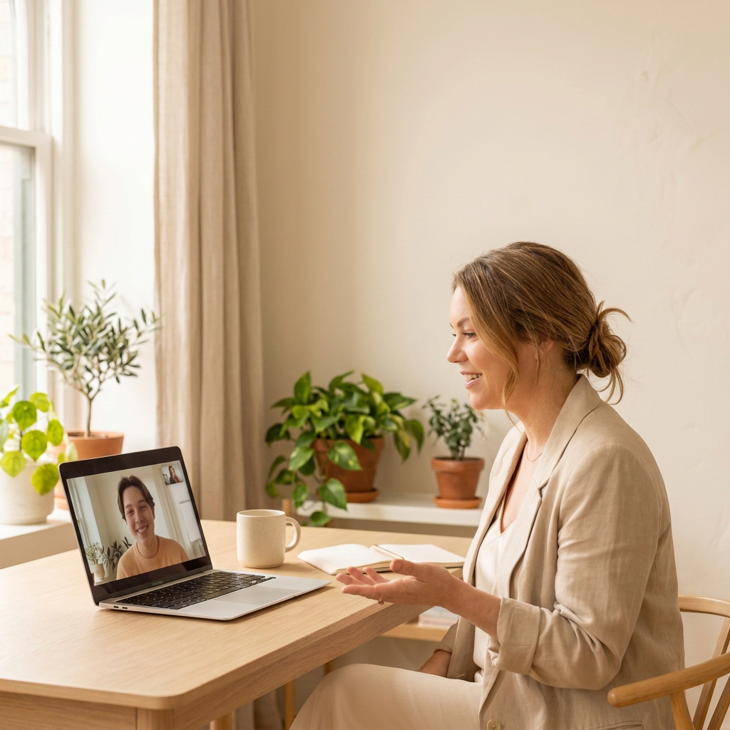 An expert looking at her laptop screen mid-conversation on a video call with a younger professional