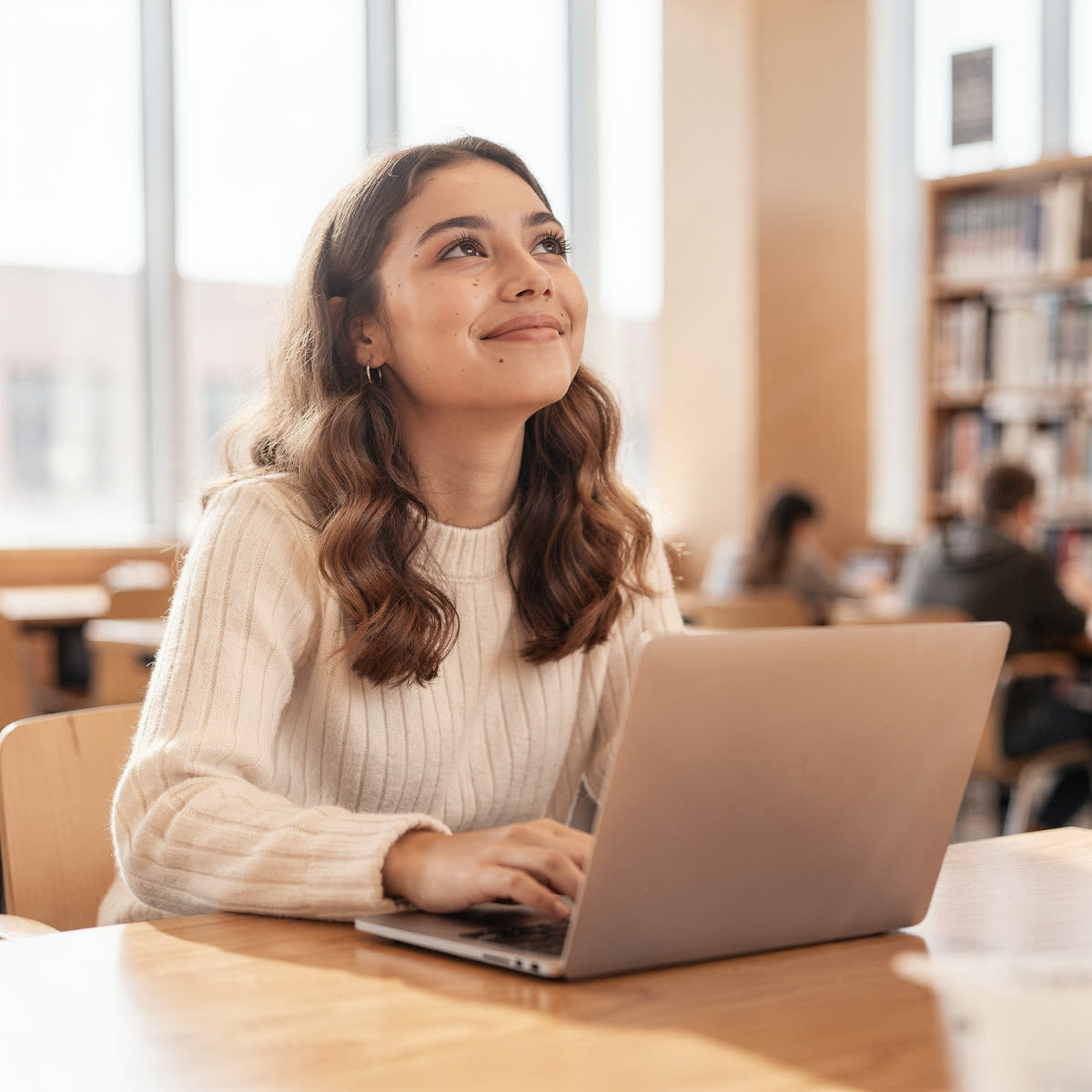 A young professional working at a laptop, thinking through her next move
